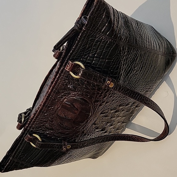 BRAHMIN Crocodile-Embossed Brown Leather Bag.  16"w x 10"h x 3.5 D - Picture 6 of 13